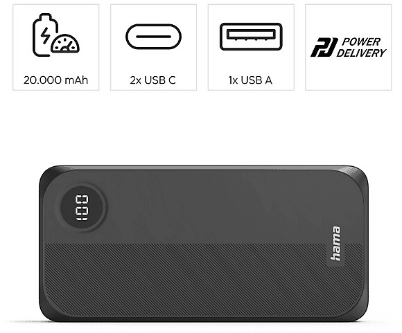 Hama Power Pack 20000mAh 2X USB-C 1X USB-A Black Powerbank