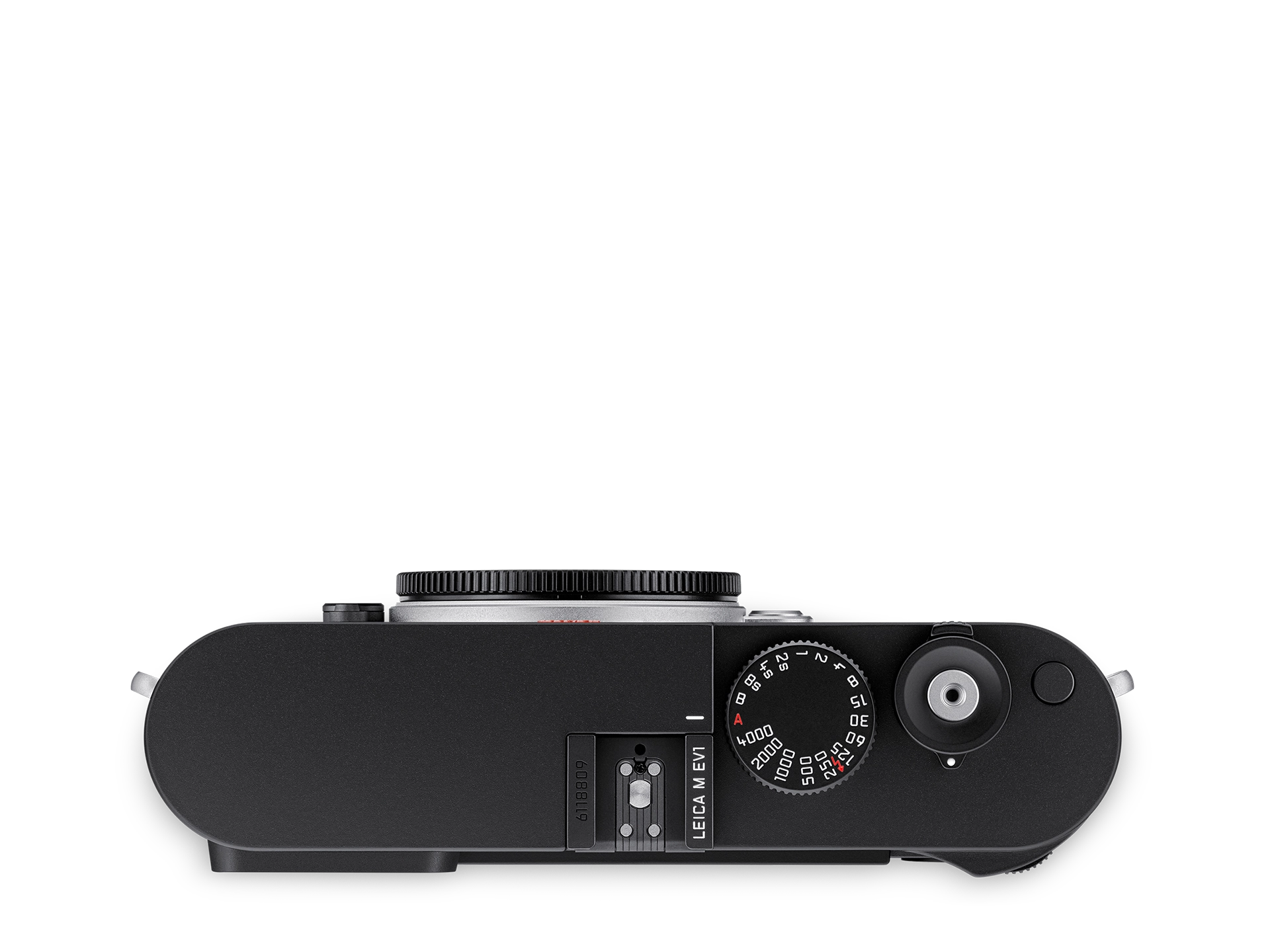 Leica M EV1 Kameragehäuse von oben mit Verschlusszeitenrad, Auslöser und Zubehörschuh