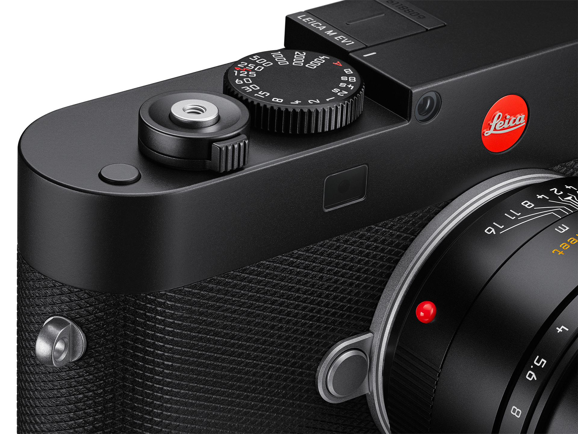 Leica M EV1 Detailansicht von oben mit Verschlusszeitenrad, Auslöser und Leica Logo