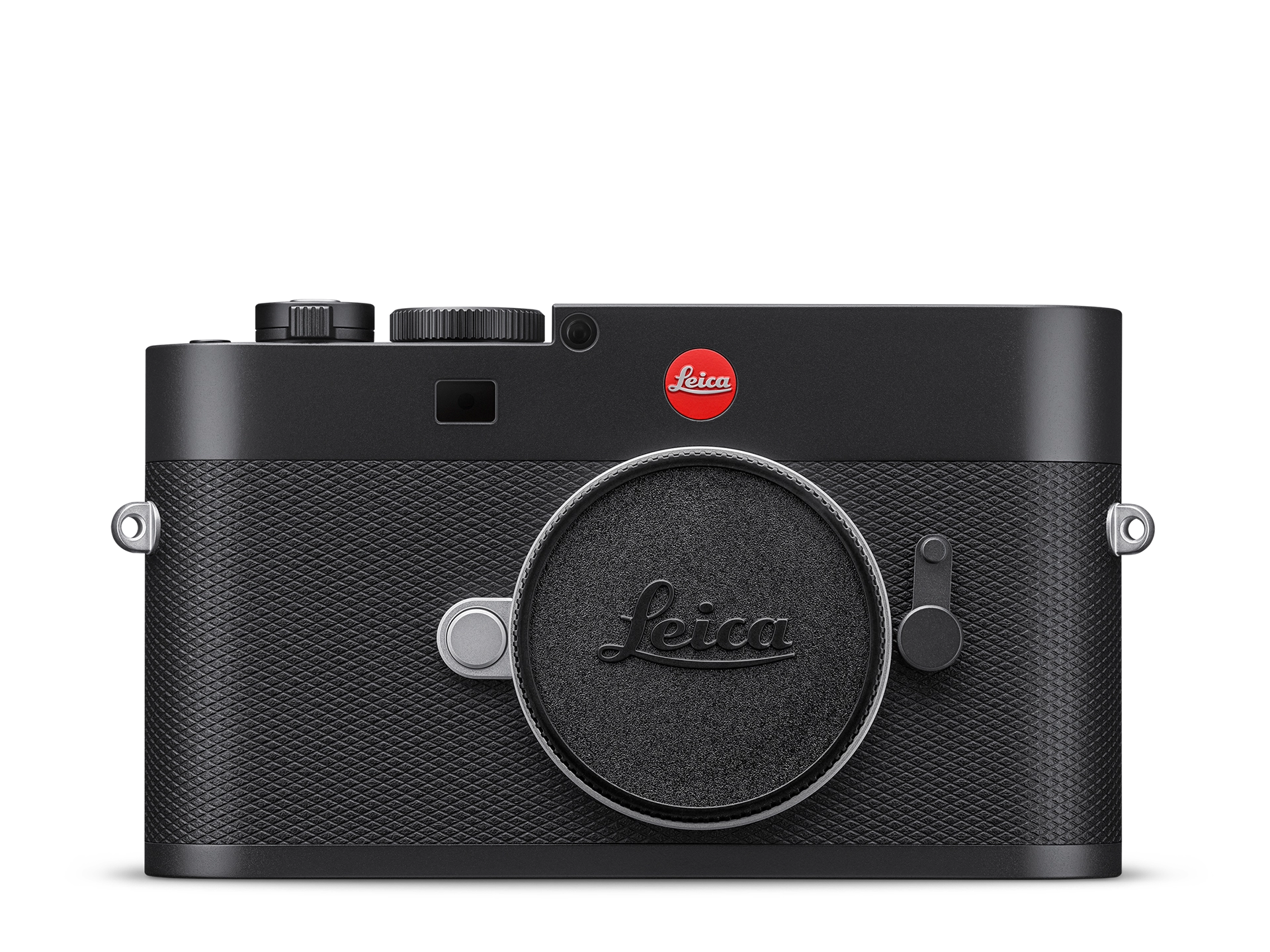 Leica M EV1 Kameragehäuse in Schwarz mit Gehäusedeckel in Frontansicht