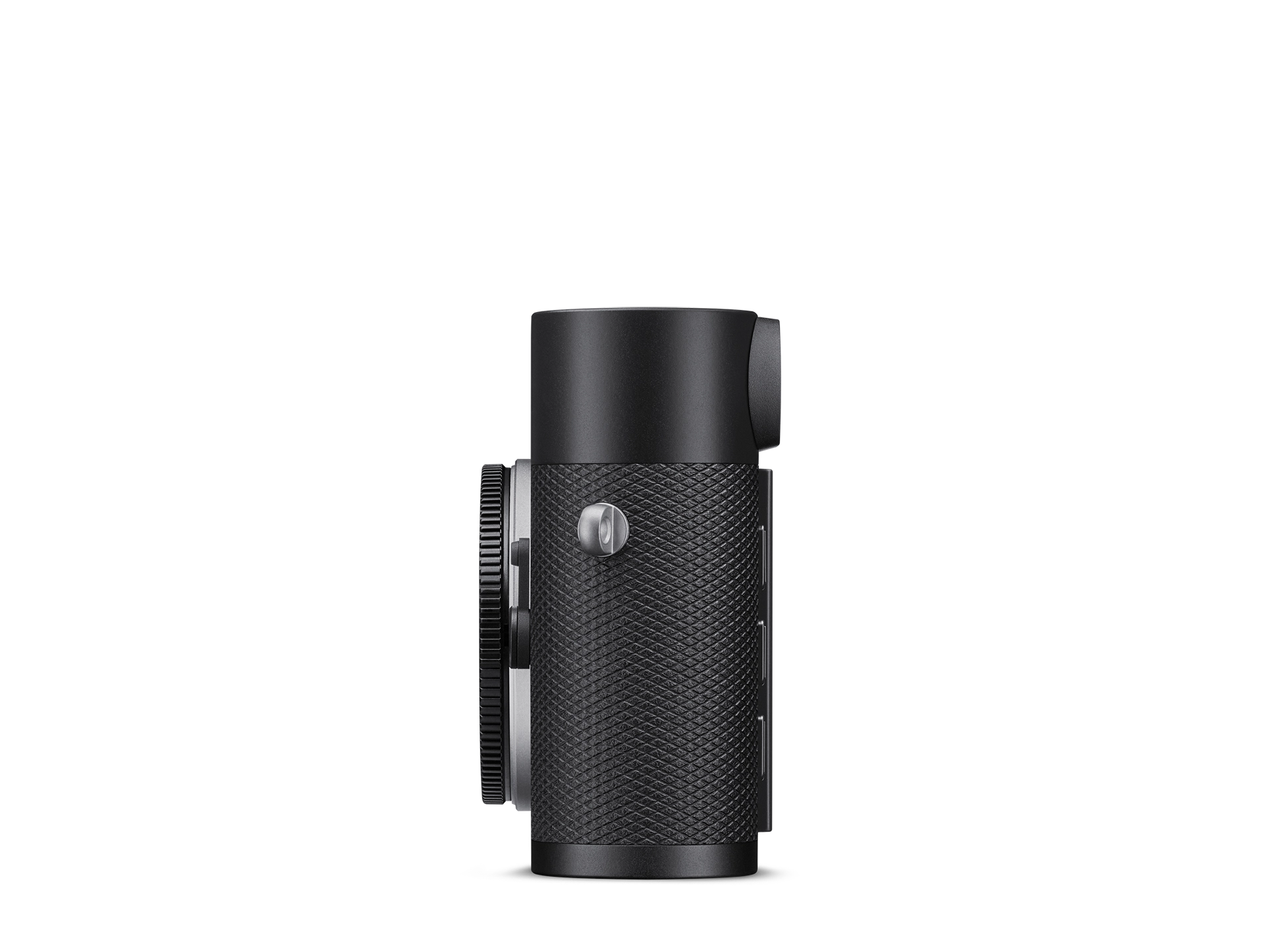 Leica M EV1 Kameragehäuse in schwarzer seitlicher Ansicht mit strukturierter Belederung