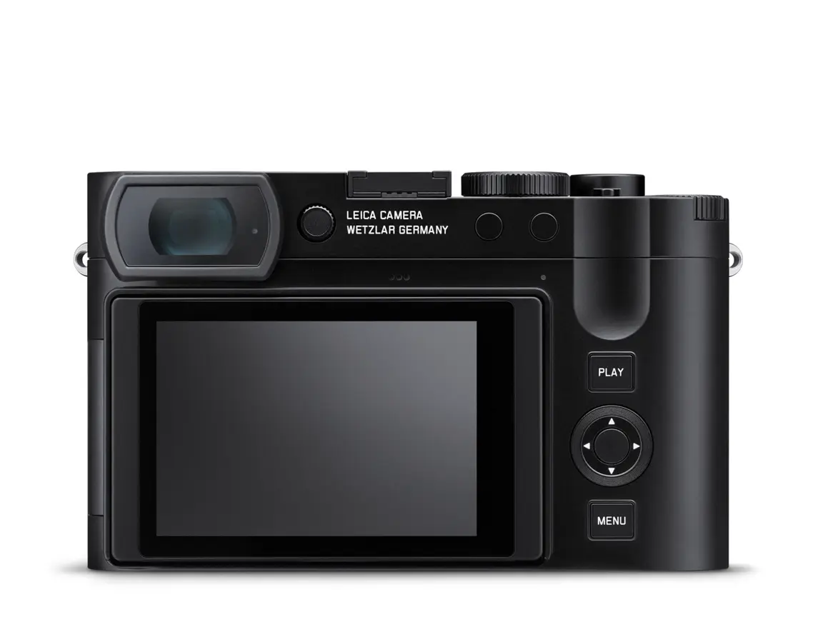 Leica Q3 in Rckansicht mit elektronischem Sucher, Display sowie Play-, Men- und Navigationstasten