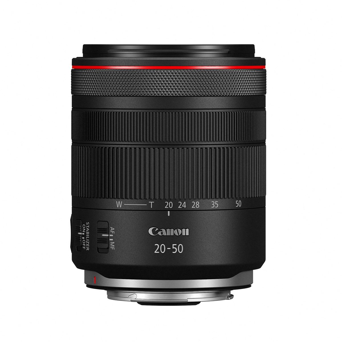 Canon 20–50 mm Zoomobjektiv in Schwarz mit Brennweitenskala, Bildstabilisator und Canon-Logo vor weißem Hintergrund