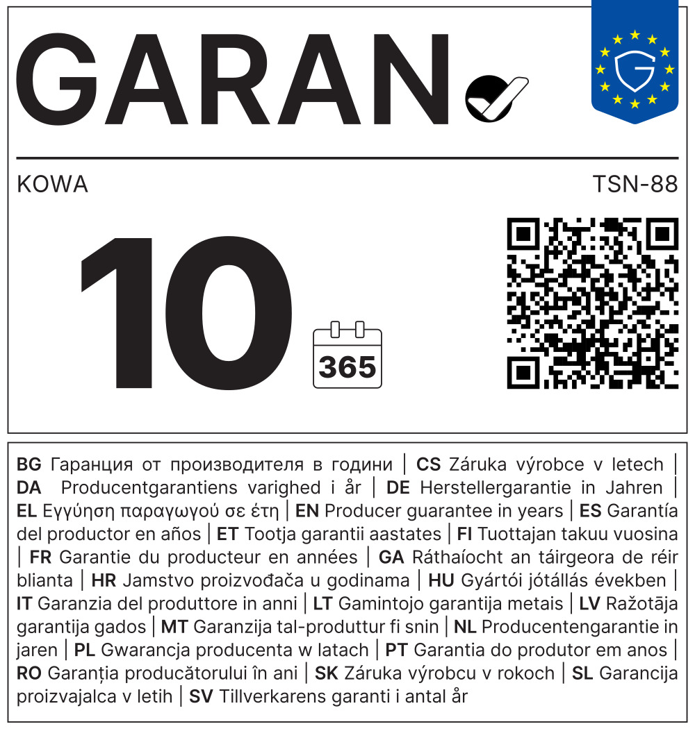 Garantiekennzeichnung von GARANT für KOWA TSN-88. Die Grafik weist eine Herstellergarantie von 10 Jahren aus und zeigt ein Kalendersymbol mit „365“, einen QR-Code sowie den Hinweis „Herstellergarantie in Jahren“ in mehreren Sprachen.