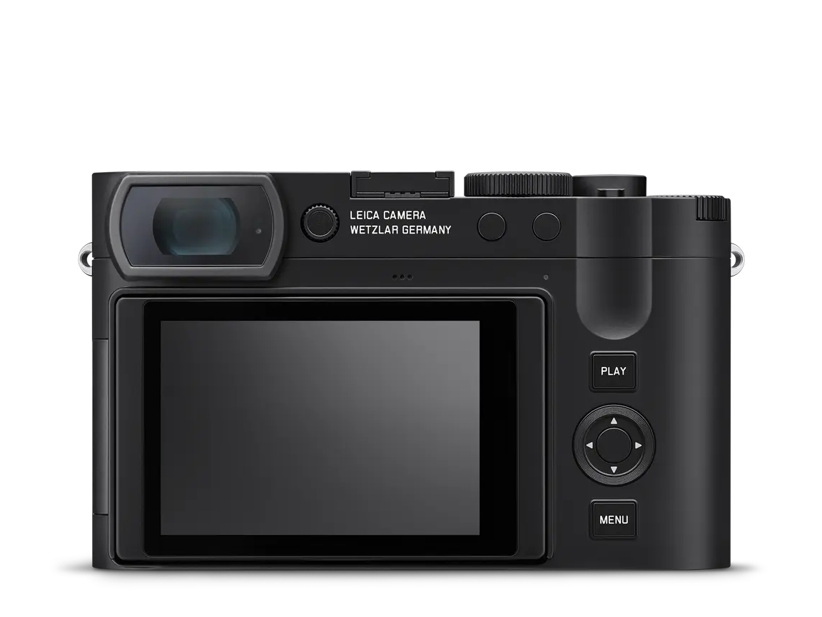 Leica Q3 Monochrom in Rckansicht mit elektronischem Sucher, Display sowie Play-, Men- und Navigationstasten